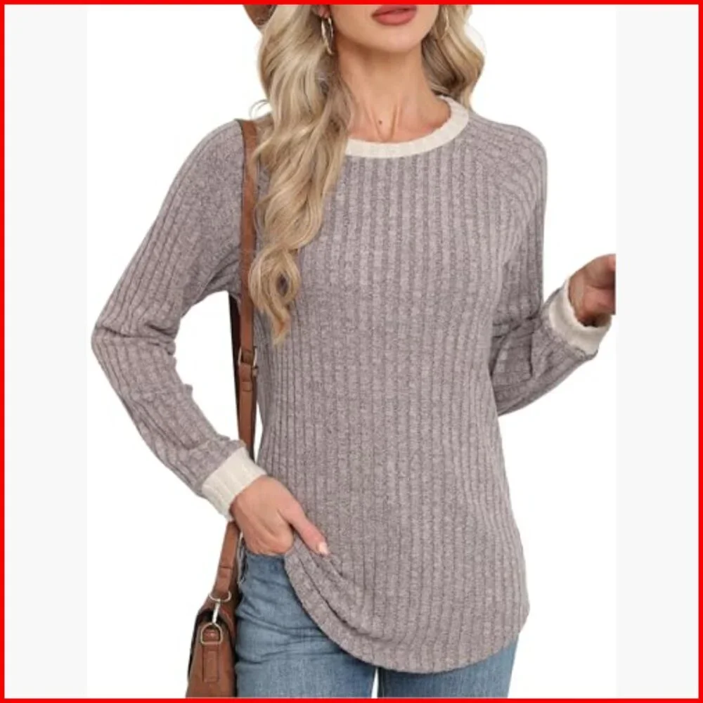 Long Sleeve Tunic Top Lightweight Loose Fit Color Block Casual Sweater